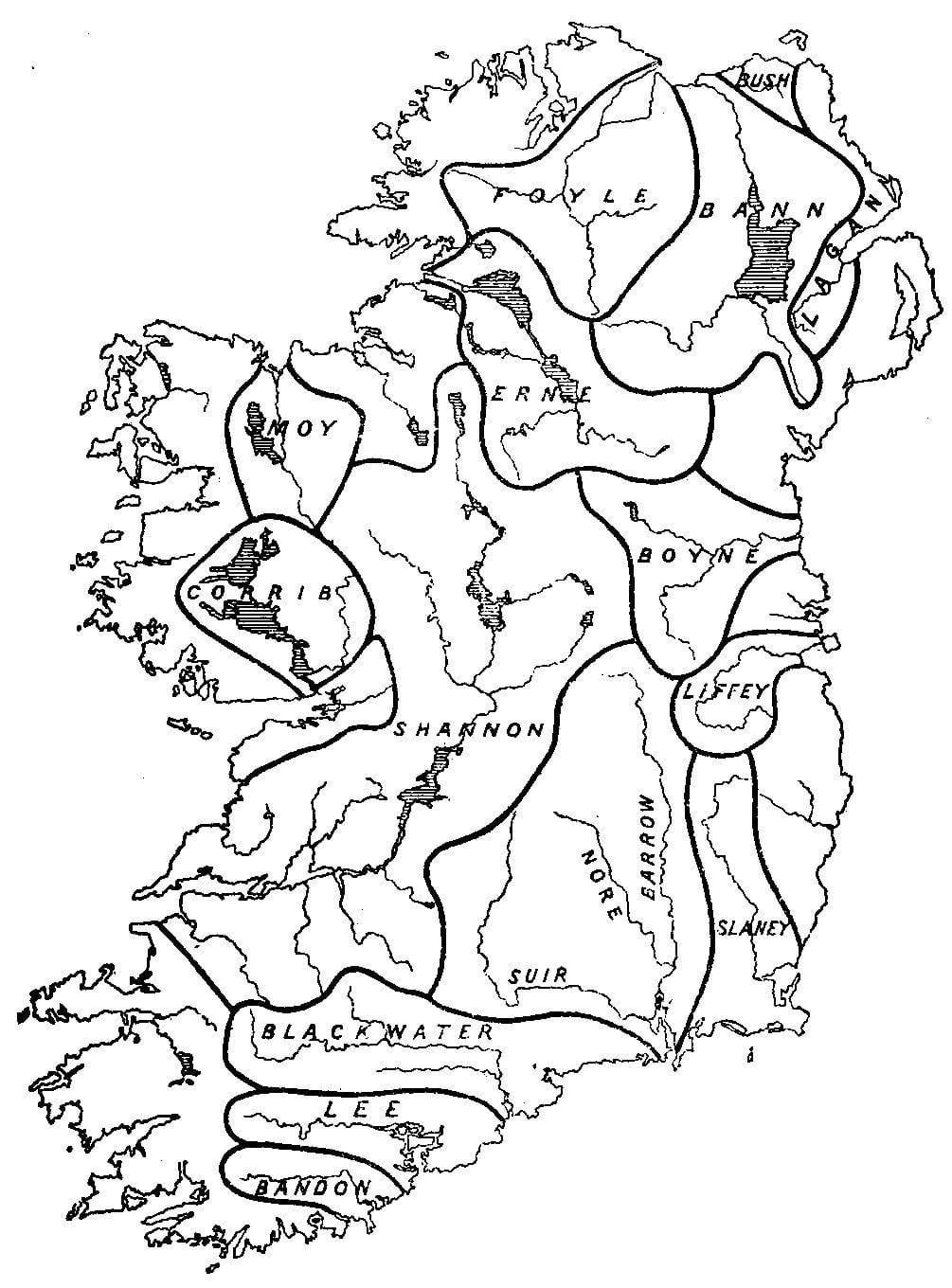 blank kort over irland med floder og bjerge