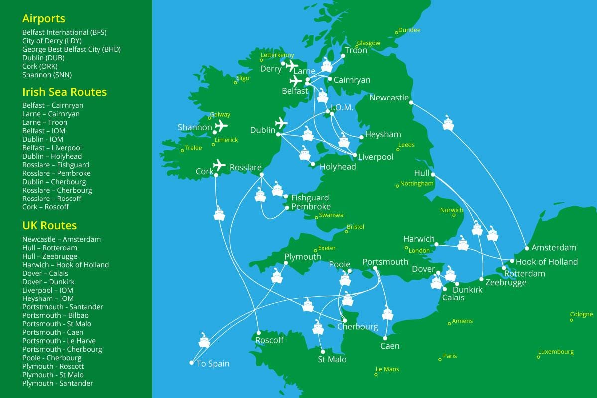 kort over færgeruter til irland