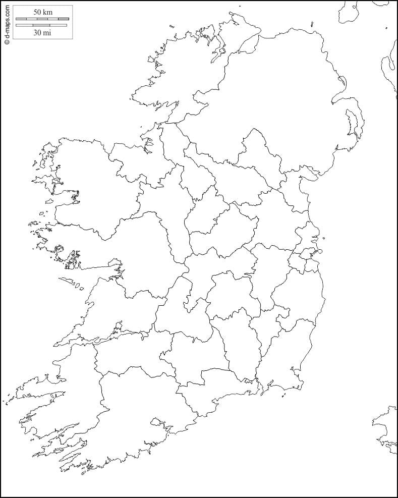 blank kort over irland med amtslige grænser