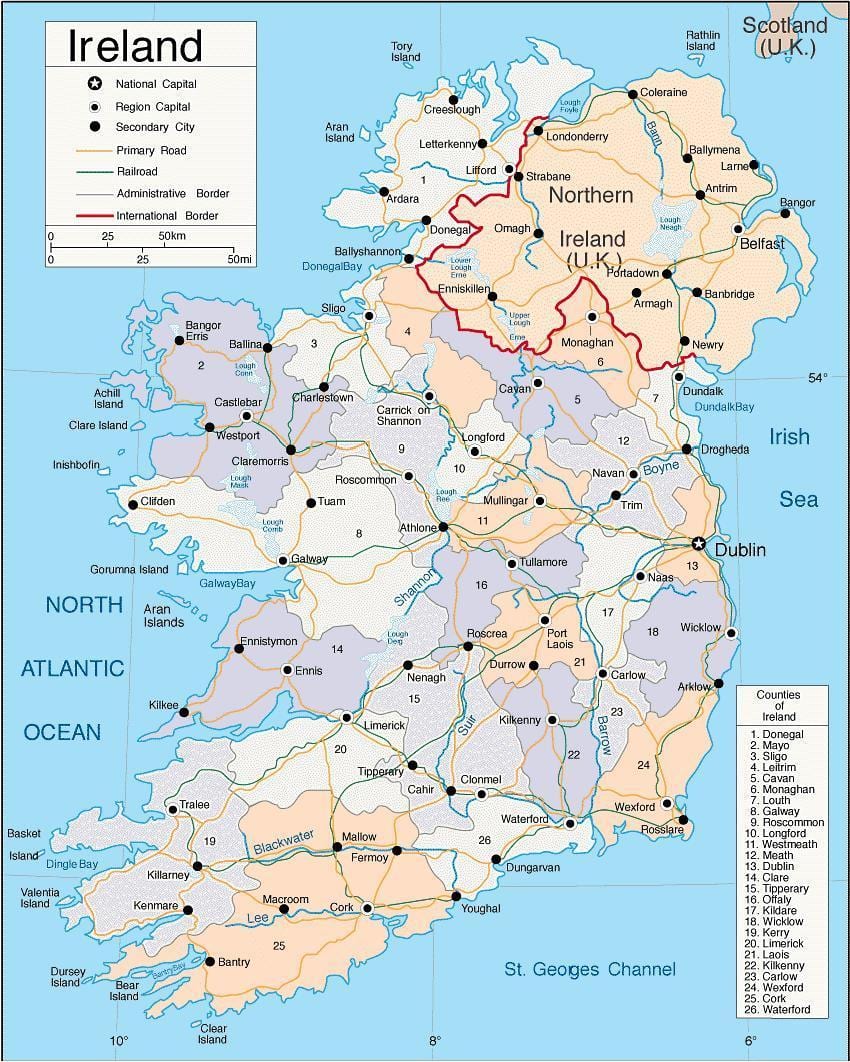 amt kort over irland med byer