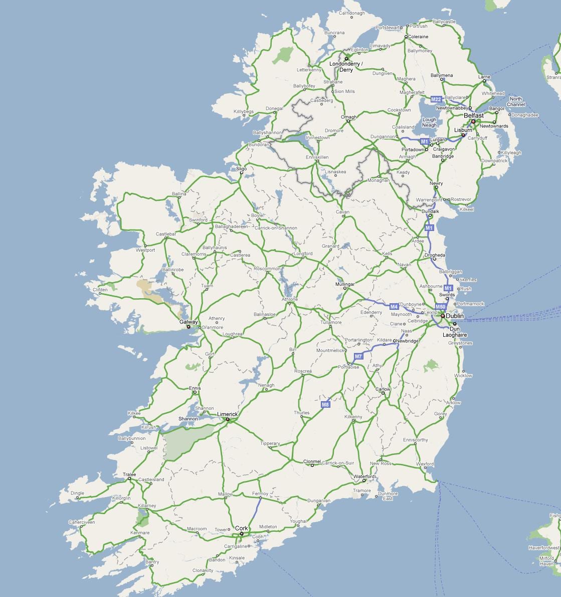 kort over irland ved motorvej