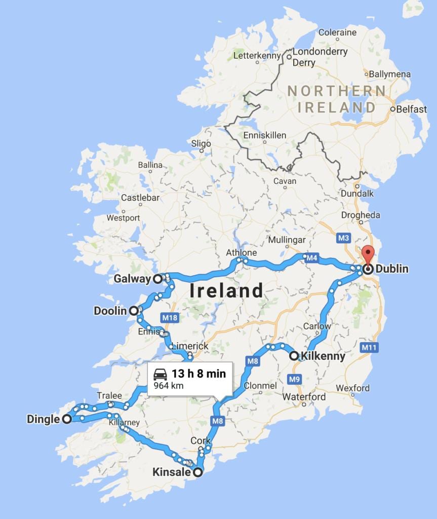 kort over irland trip planner