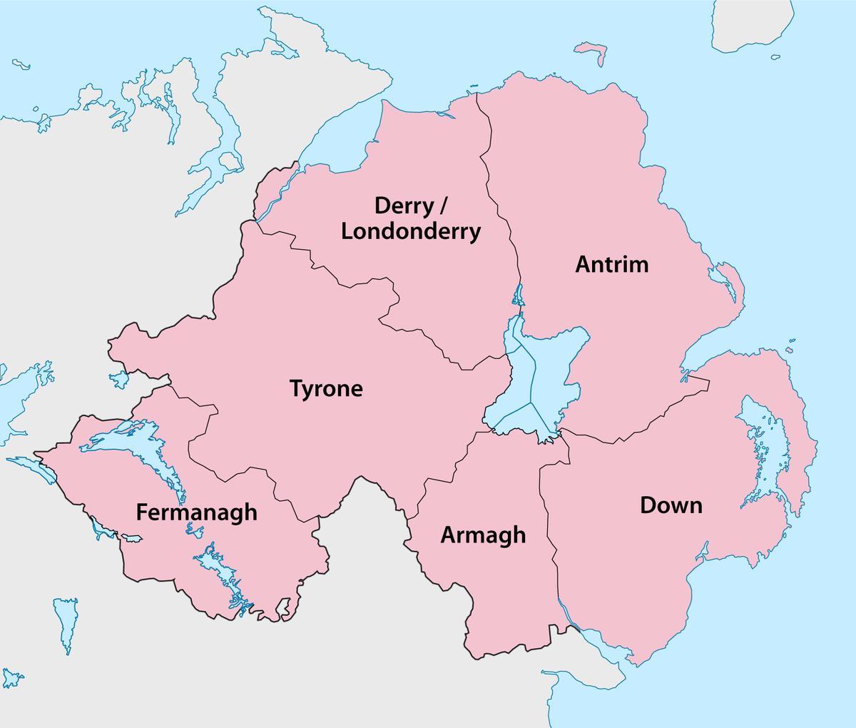 kort over nordirland, amter og byer