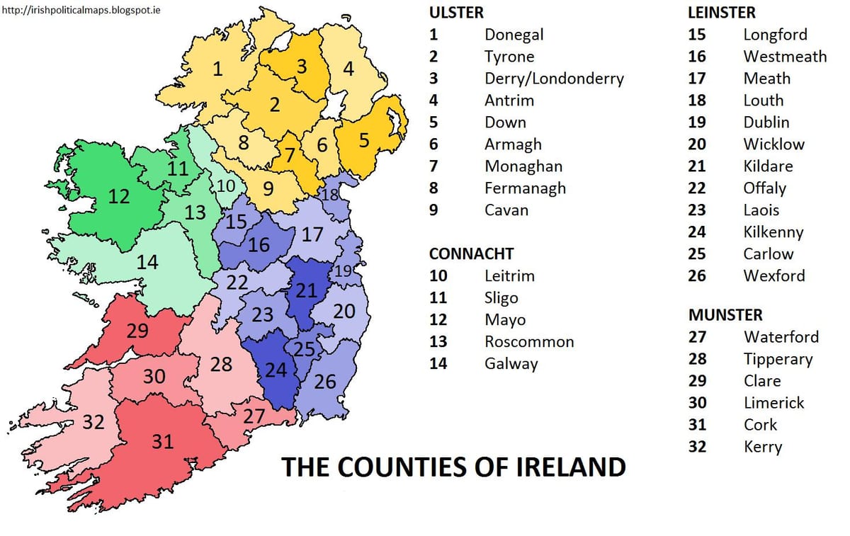 kort over irland viser provinser